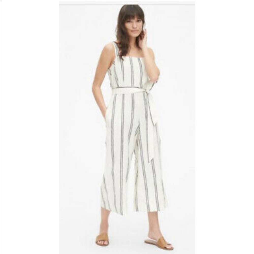 Gap square neck tie waist striped linen romper